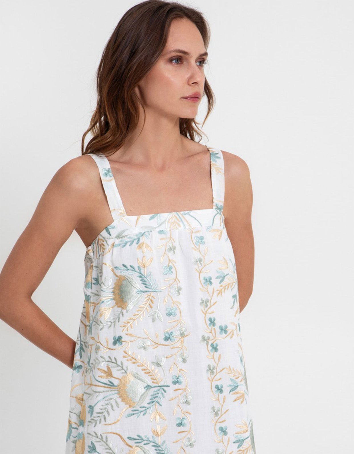 Greek Archaic Kori Blossom embroidered long dress white-multi green